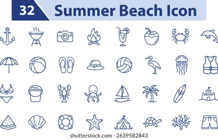 32 Set of summer beach Icon in linear style, Vacation at the hotel, on the sea and on the beach