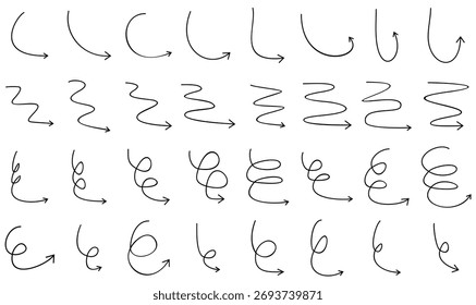 32 Sätze verschiedener Pfeillinien-Doodle-Muster einzeln auf weißem Hintergrund, Vektor
