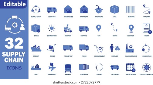 32 Conjunto de Ícones da Cadeia de Suprimentos e Logística para Gerenciamento de Depósito, Frete e Entrega. Ícones profissionais vetoriais para inventário, rastreamento, distribuição e distribuição.