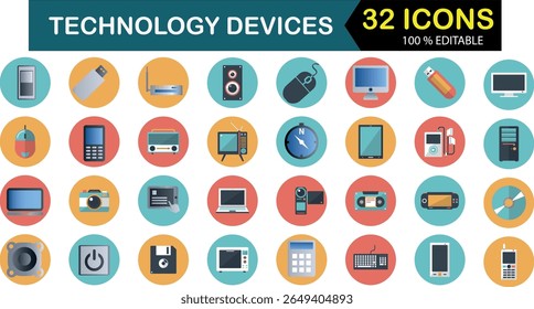 32 Ícones de dispositivos de tecnologia — Smartphones, Gadgets, Computadores, Tablets, Dispositivos inteligentes e Equipamentos eletrônicos
