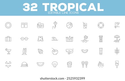 32 Tropical Editable Line Icons – Summer Beach, Vacation, Travel Elements