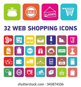 32 Web shopping icons. Set of web site icons, internet banking accounting, money objects. Flat design vector illustration.