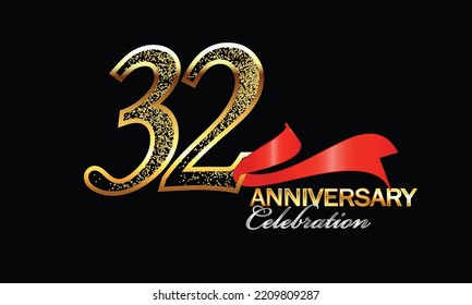 32 Year Anniversary celebration Vector Design with red ribbon and glitter. 32nd Anniversary celebration. Gold Luxury Banner of 32nd Anniversary. thirty-second celebration card