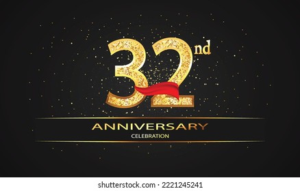 32 Year Anniversary celebration Vector Design with red ribbon and glitter. 32nd Anniversary celebration. Gold Luxury Banner of 32nd Anniversary. celebration card