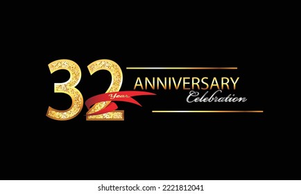 32 Year Anniversary celebration Vector Design. 32nd Anniversary celebration. Gold Luxury Banner of 32nd Anniversary celebration with red ribbon and glitter. Background celebration. Vector anniversary