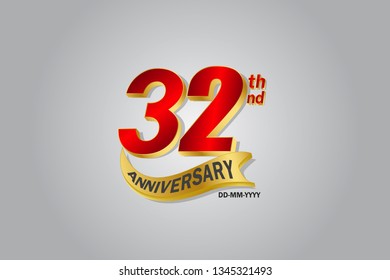 32 year anniversary Golden ribbon celebration logotype. anniversary logo with Red and Gold color isolated on grey background, vector design for celebration, invitation card - vector