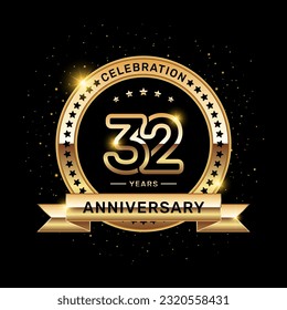 32 year anniversary logo with a number and golden ribbon, vector template