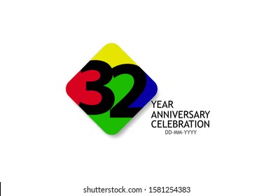 32 year anniversary, minimalist logo years, jubilee 4 colors Black, red, yellow, green and purple, greeting card. invitation - Vector 