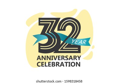 32 year anniversary, minimalist logo. jubilee, greeting card. Birthday invitation. year sign. Blue Ribbon space vector illustration on white background - Vector