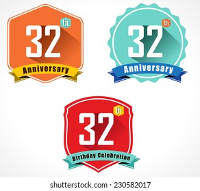 32 year birthday celebration flat color vintage label badge, 32nd anniversary decorative emblem - vector illustration eps10