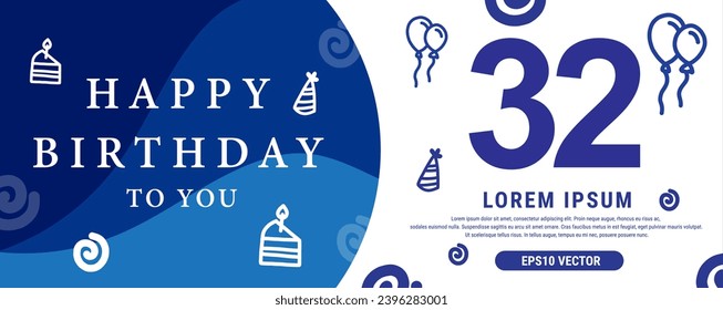 32 year celebration Creative Happy Birthday Text. Blue color decorative banner design, Vector illustration.