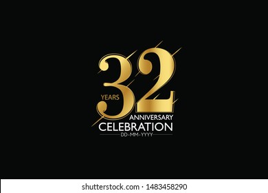 32 year minimalist logo years, jubilee, greeting card. Birthday invitation. Sign Gold space vector illustration on black background - Vector