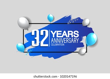 32 years anniversary celebration design with blue brush and balloons isolated on white background