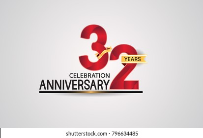 32 years anniversary celebration design with elegance red color and golden ribbon isolated on white background for celebration event