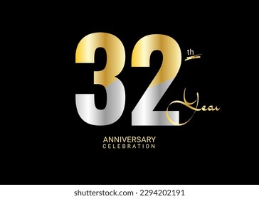 32 Years Anniversary Celebration gold and silver Vector Template, 32 number logo design, 32th Birthday Logo,  logotype Anniversary, Vector Anniversary For Celebration, poster, Invitation Card