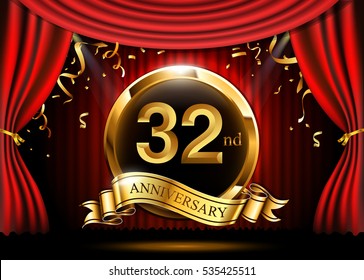 32 years anniversary celebration. with gold ribbon. Curtain background and light shine.