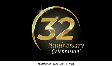 32 years anniversary celebration. Anniversary logo with ring in golden color isolated on black background with golden light, vector design for celebration, invitation card and greeting card