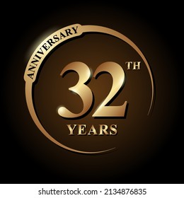 32 years anniversary celebration. Anniversary logo with ring and elegance golden color isolated on black background, vector design for celebration, invitation card, greeting card, and banner
