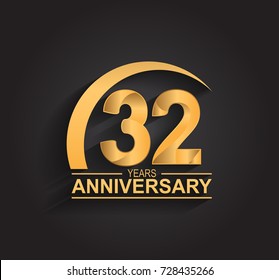 32 years anniversary celebration. Anniversary logo with swoosh and elegance golden color isolated on black background, vector design for celebration, invitation card, and greeting card