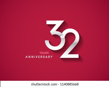 32 years anniversary celebration logotype with silver color isolated on Red background