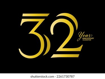 32 years anniversary celebration logotype gold color vector, 32th birthday logo,32 number, anniversary year banner, anniversary design elements for invitation card and poster. number design vector