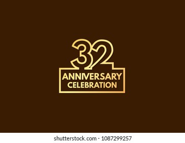 32 years anniversary design, with number formed from line connected with gold square  for celebration event isolated on brown background