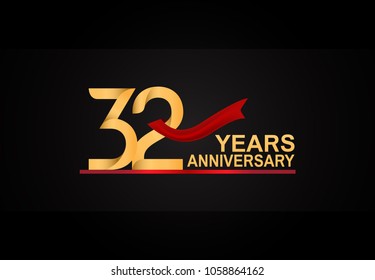 32 years anniversary design with red ribbon and golden color isolated on black background