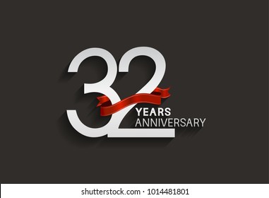32 years anniversary design with silver color and red ribbon isolated on black background for celebration event