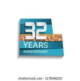 32 years anniversary design silver color with blue color background and golden leaf. for use celebration event