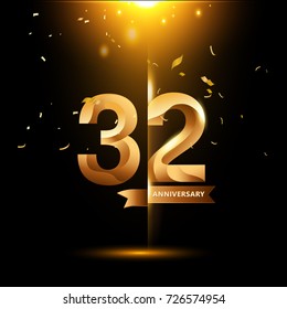 32 Years Anniversary with gold stylized number and confetti. Applicable for brochure, flyer, Posters, web and Banner Designs. Vector illustration.