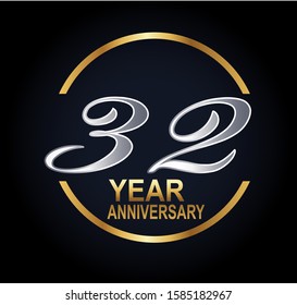 32 years anniversary golden and silver color with circle ring isolated on black background for anniversary celebration event