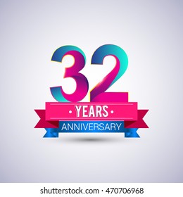 32 years anniversary logo, blue and red colored vector design