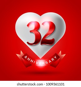 32 Years Anniversary Logo Celebration With Love And Ribbon. Valentine’s Day Anniversary.