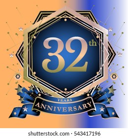 32 years anniversary logo celebration with ring and ribbon. Symbol and template for greeting card