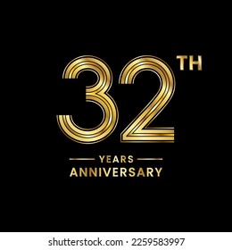 32 years anniversary logo design with golden numbers and text for anniversary celebration event, invitation, wedding, marriage, greeting card, banner, poster, flyer, brochure. Logo Vector Template