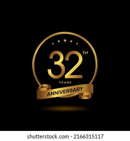 32 years anniversary logo with golden ring and ribbon for booklet, leaflet, magazine, brochure poster, banner, web, invitation or greeting card. Vector illustrations.