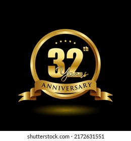 32 years anniversary logo with golden ring and ribbon for booklet, leaflet, magazine, brochure poster, banner, web, invitation or greeting card. Vector illustrations.
