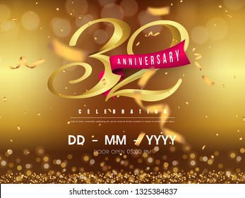 32 years anniversary logo template on gold background. 32nd celebrating golden numbers with red ribbon vector and confetti isolated design elements