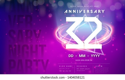 32 years anniversary logo template on purple Abstract futuristic space background. 32nd modern technology design celebrating numbers with Hi-tech network digital technology concept design elements.