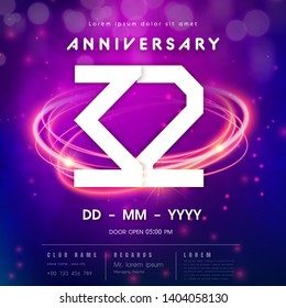 32 years anniversary logo template on purple Abstract futuristic space background. 32nd modern technology design celebrating numbers with Hi-tech network digital technology concept design elements.