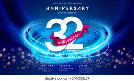 32 years anniversary logo template on dark blue Abstract futuristic space background. 32nd modern technology design celebrating numbers with Hi-tech network digital technology concept design elements.