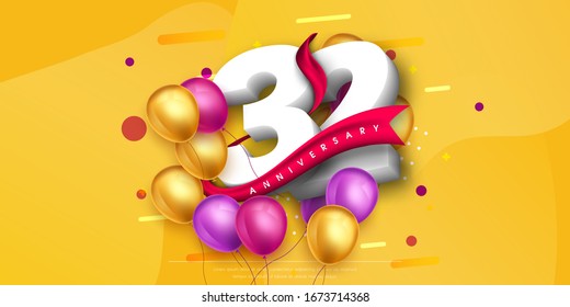 32 years anniversary logo template design on yellow background and balloons. 32nd anniversary celebration background with red ribbon and balloons. Party poster or brochure template.