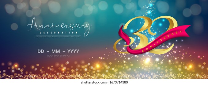 32 years anniversary logo template on gold and blue background. 32nd celebrating golden numbers with red ribbon vector and confetti isolated design elements