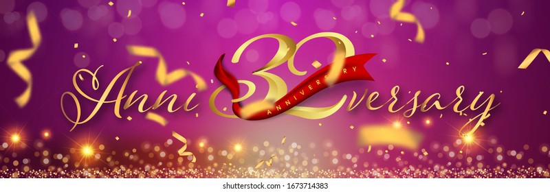 32 years anniversary logo template on gold and purple background. 32nd celebrating golden numbers with red ribbon vector and confetti isolated design elements