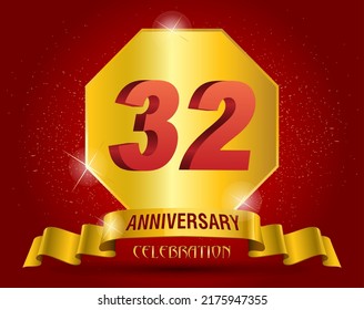  32 years anniversary logo template. Red numbers with golden ribbon.