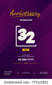 32 Years Anniversary Logotype with 3d white number isolated on dark purple abstract background