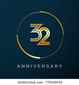 32 Years Anniversary Logotype with  Gold and Silver Multi Linear Number in a Golden Circle , Isolated on Dark Background