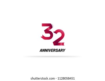 32 Years Anniversary Red ribbon form number font. isolated on white background. 