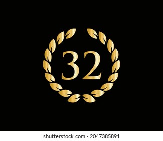 32 Years Anniversary Ring Logo Template. 32 Years Anniversary Logo With Golden Ring Isolated On Black Background, For Birthday, Anniversary And Company Celebration