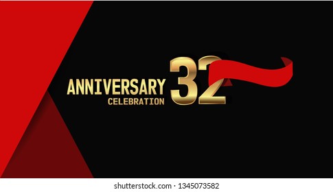 32 years Anniversary simple design with golden font and red ribbon, black and red background. elegant and simple design